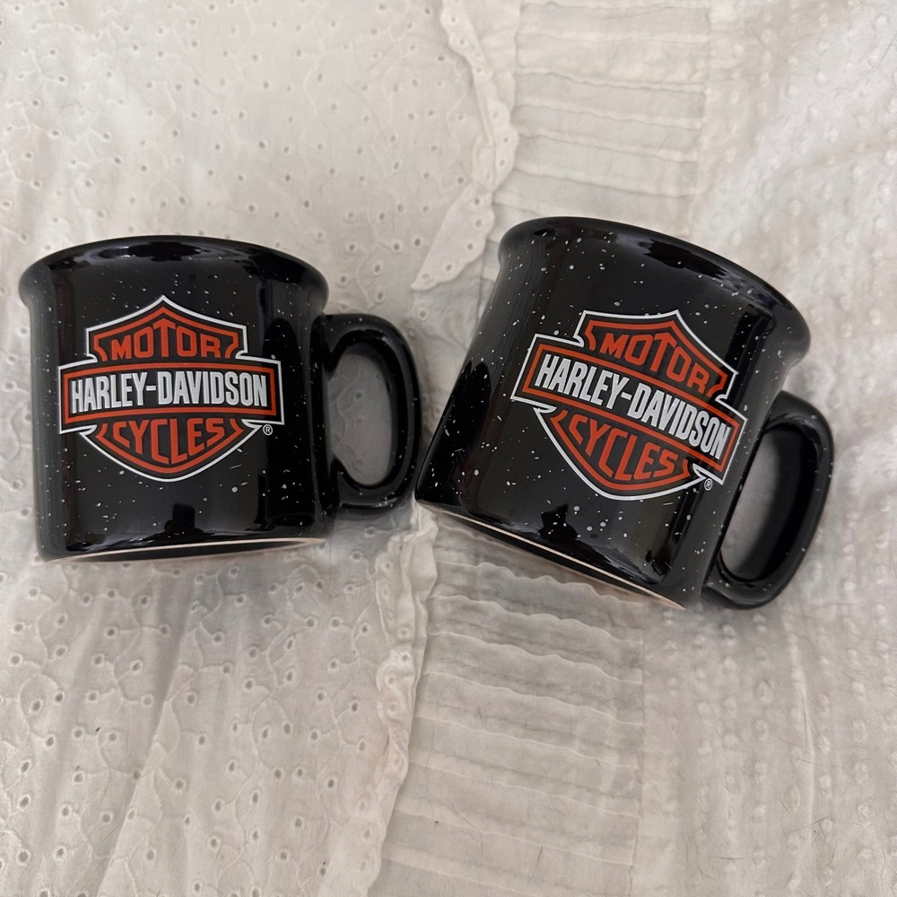 Harley-Davidson Coffee Mugs Set of 2 Black Speckled Campfire Ceramic Cups Logo